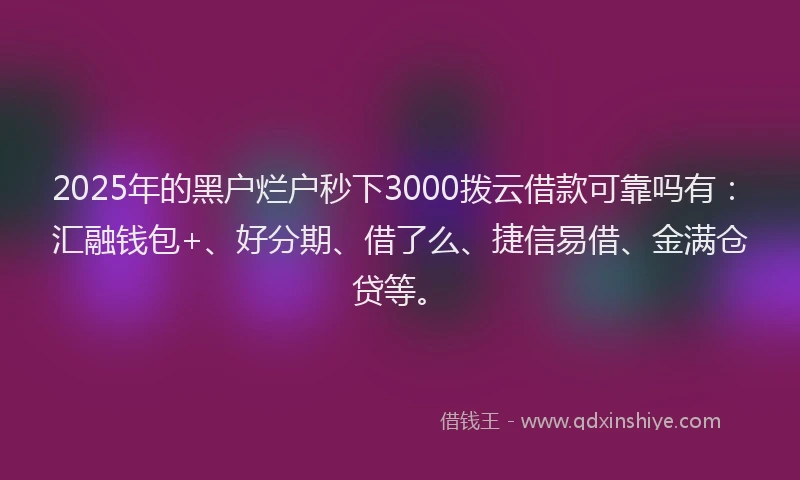 2025年的黑户烂户秒下3000拨云借款可靠吗有：汇融钱包+、好分期、借了么、捷信易借、金满仓贷等。
