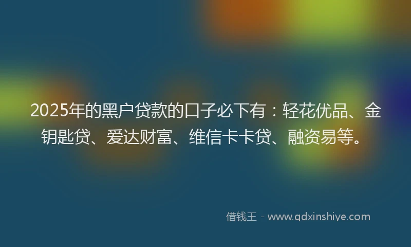 2025年的黑户贷款的口子必下有：轻花优品、金钥匙贷、爱达财富、维信卡卡贷、融资易等。