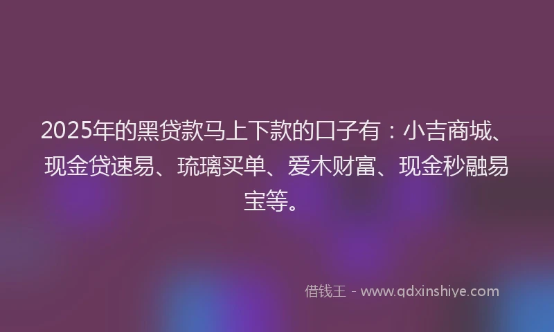 2025年的黑贷款马上下款的口子有：小吉商城、现金贷速易、琉璃买单、爱木财富、现金秒融易宝等。