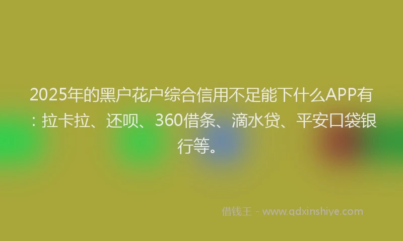 2025年的黑户花户综合信用不足能下什么APP有：拉卡拉、还呗、360借条、滴水贷、平安口袋银行等。