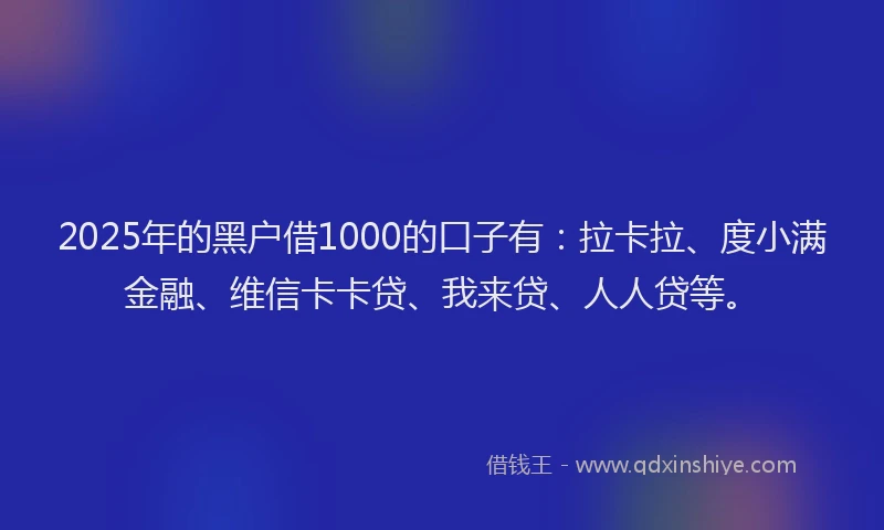 2025年的黑户借1000的口子有：拉卡拉、度小满金融、维信卡卡贷、我来贷、人人贷等。