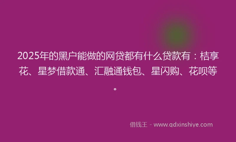 2025年的黑户能做的网贷都有什么贷款有：桔享花、星梦借款通、汇融通钱包、星闪购、花呗等。