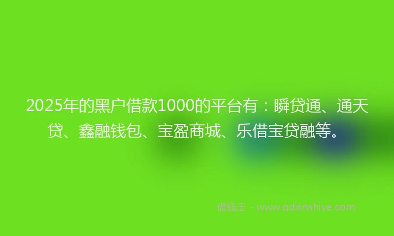 2025年的黑户借款1000的平台有：瞬贷通、通天贷、鑫融钱包、宝盈商城、乐借宝贷融等。