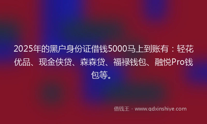 2025年的黑户身份证借钱5000马上到账有：轻花优品、现金侠贷、森森贷、福禄钱包、融悦Pro钱包等。