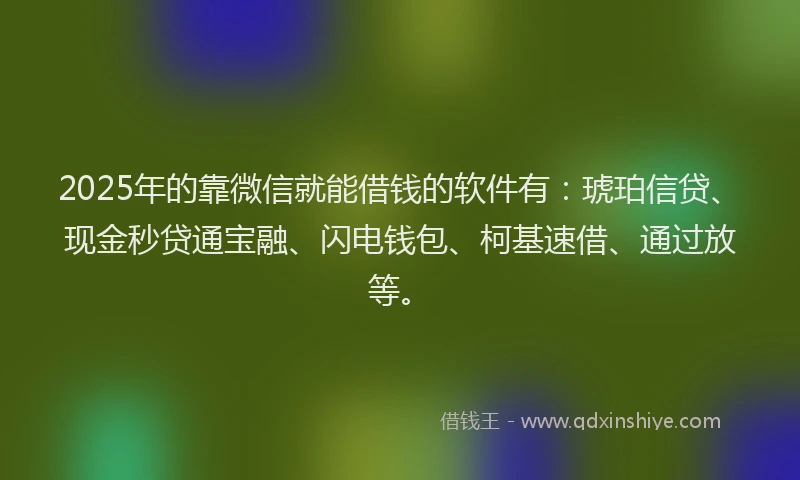 2025年的靠微信就能借钱的软件有：琥珀信贷、现金秒贷通宝融、闪电钱包、柯基速借、通过放等。