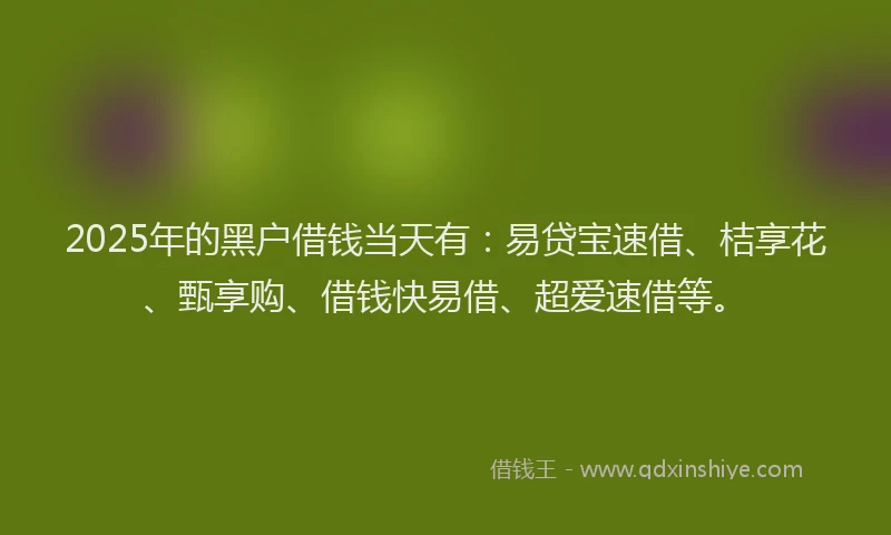 2025年的黑户借钱当天有：易贷宝速借、桔享花、甄享购、借钱快易借、超爱速借等。