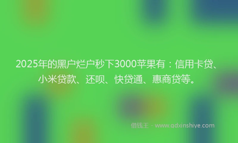 2025年的黑户烂户秒下3000苹果有：信用卡贷、小米贷款、还呗、快贷通、惠商贷等。