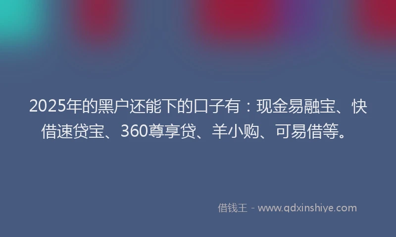 2025年的黑户还能下的口子有：现金易融宝、快借速贷宝、360尊享贷、羊小购、可易借等。