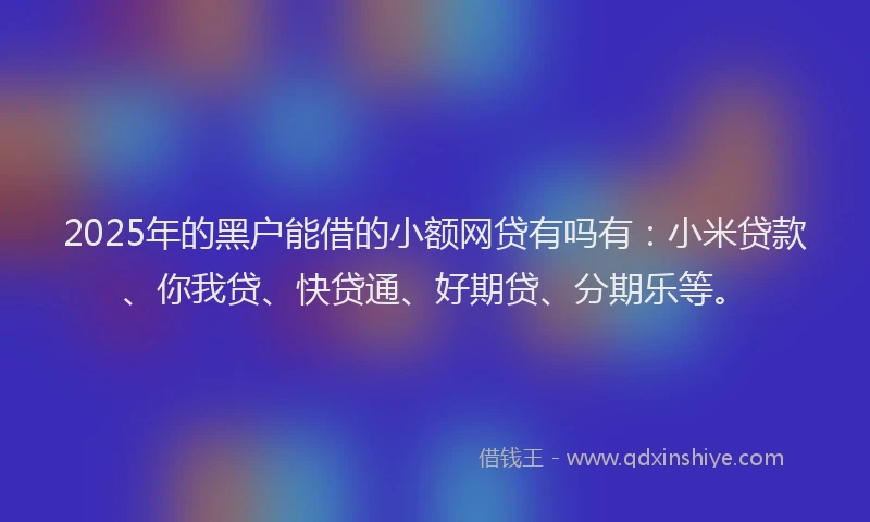 2025年的黑户能借的小额网贷有吗有：小米贷款、你我贷、快贷通、好期贷、分期乐等。
