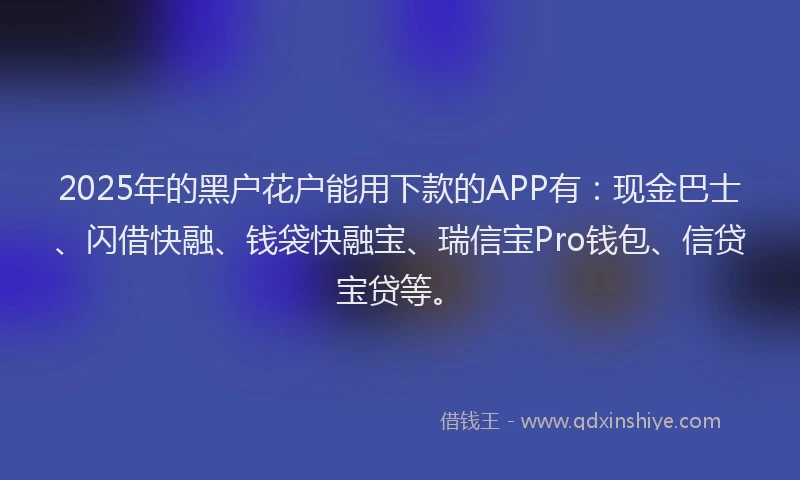 2025年的黑户花户能用下款的APP有：现金巴士、闪借快融、钱袋快融宝、瑞信宝Pro钱包、信贷宝贷等。