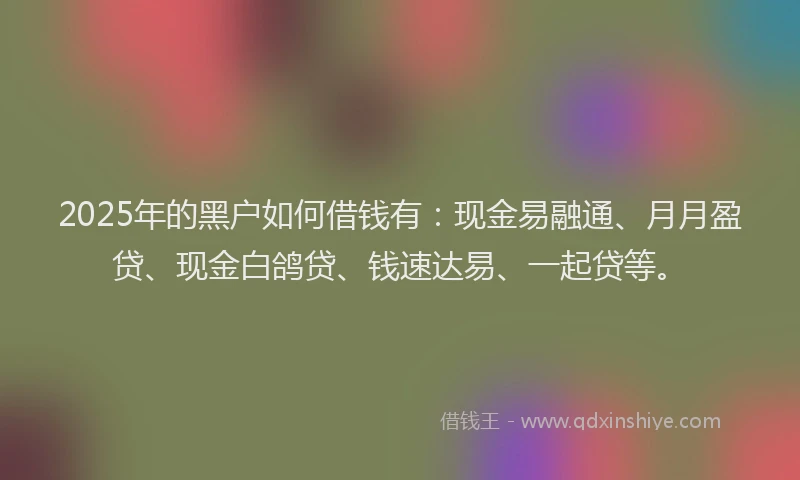 2025年的黑户如何借钱有：现金易融通、月月盈贷、现金白鸽贷、钱速达易、一起贷等。