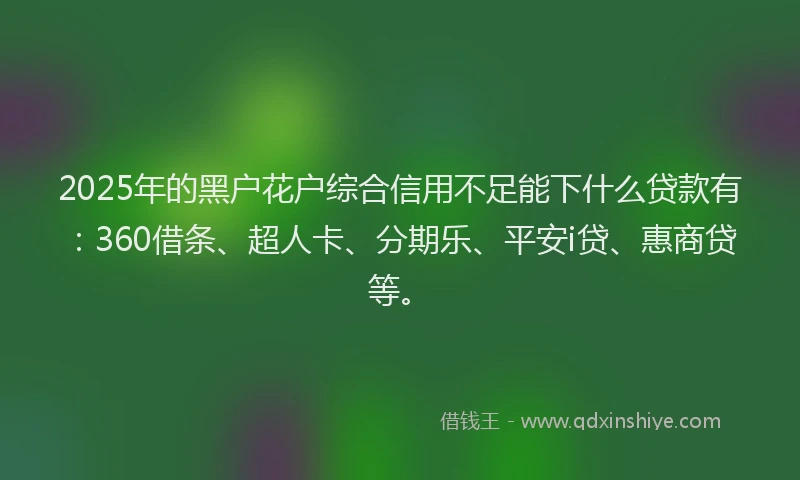 2025年的黑户花户综合信用不足能下什么贷款有：360借条、超人卡、分期乐、平安i贷、惠商贷等。
