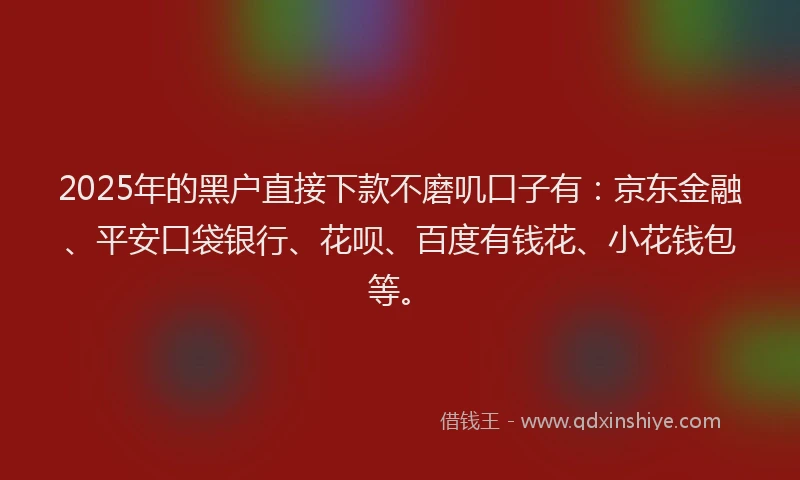 2025年的黑户直接下款不磨叽口子有：京东金融、平安口袋银行、花呗、百度有钱花、小花钱包等。