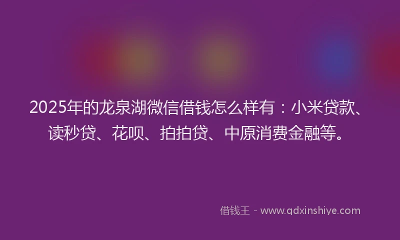 2025年的龙泉湖微信借钱怎么样有：小米贷款、读秒贷、花呗、拍拍贷、中原消费金融等。