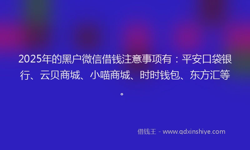 2025年的黑户微信借钱注意事项有：平安口袋银行、云贝商城、小喵商城、时时钱包、东方汇等。