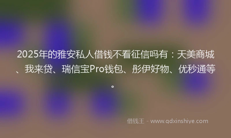 2025年的雅安私人借钱不看征信吗有：天美商城、我来贷、瑞信宝Pro钱包、彤伊好物、优秒通等。
