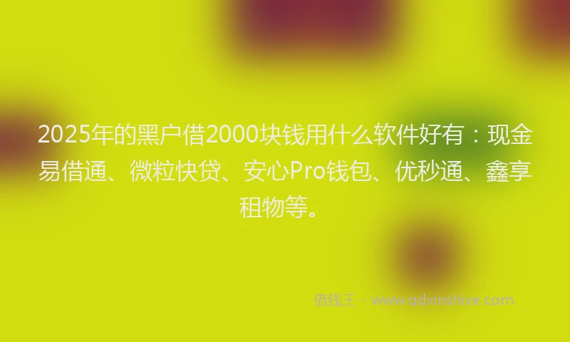 2025年的黑户借2000块钱用什么软件好有：现金易借通、微粒快贷、安心Pro钱包、优秒通、鑫享租物等。