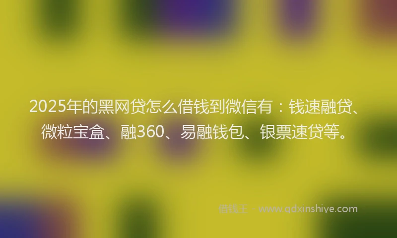 2025年的黑网贷怎么借钱到微信有：钱速融贷、微粒宝盒、融360、易融钱包、银票速贷等。