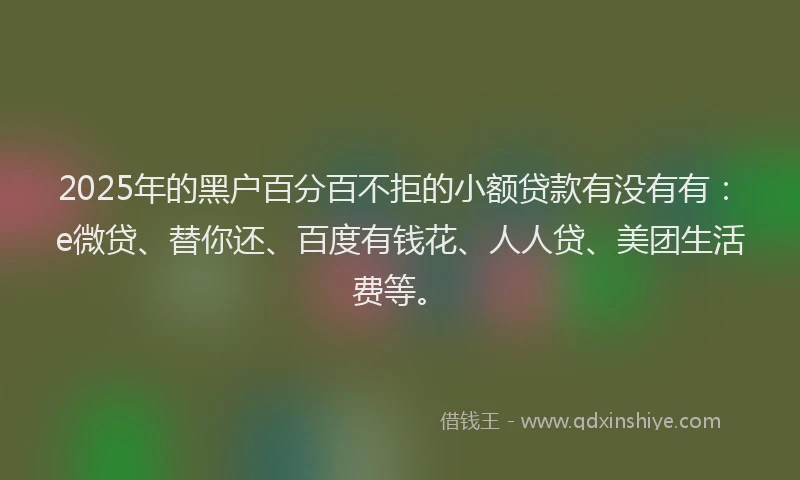 2025年的黑户百分百不拒的小额贷款有没有有：e微贷、替你还、百度有钱花、人人贷、美团生活费等。