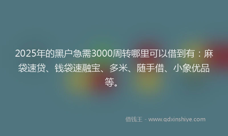 2025年的黑户急需3000周转哪里可以借到有：麻袋速贷、钱袋速融宝、多米、随手借、小象优品等。