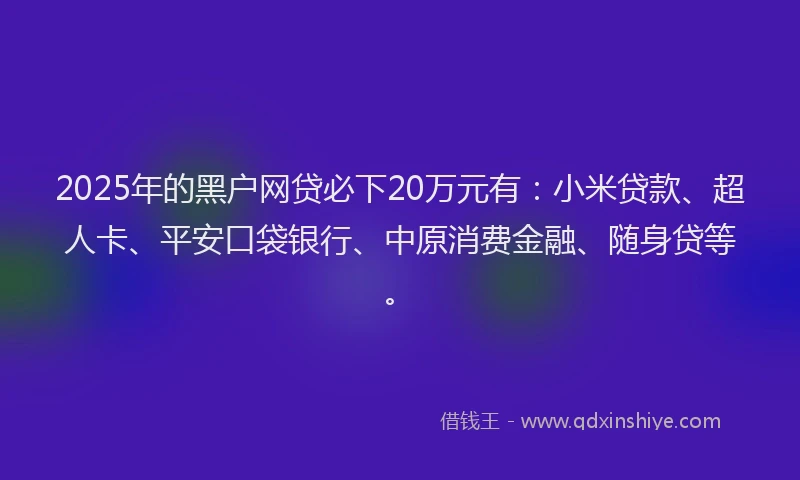2025年的黑户网贷必下20万元有：小米贷款、超人卡、平安口袋银行、中原消费金融、随身贷等。