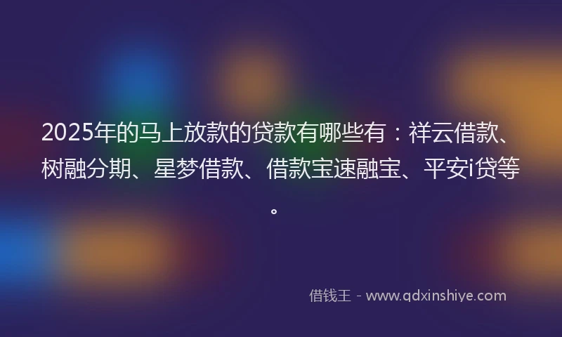2025年的马上放款的贷款有哪些有：祥云借款、树融分期、星梦借款、借款宝速融宝、平安i贷等。