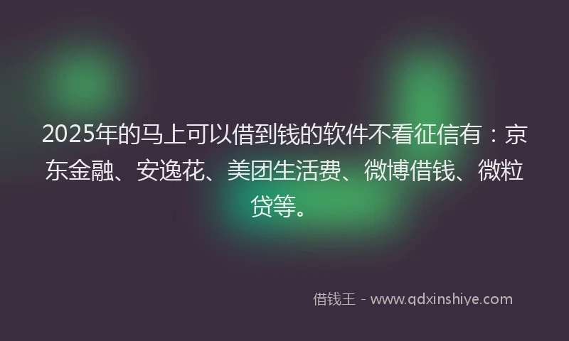 2025年的马上可以借到钱的软件不看征信有：京东金融、安逸花、美团生活费、微博借钱、微粒贷等。