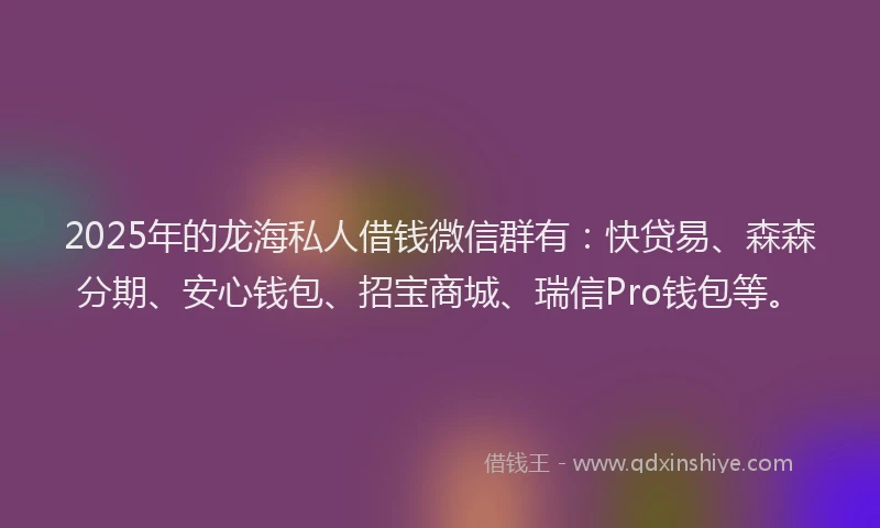 2025年的龙海私人借钱微信群有:快贷易、森森分期、安心钱包、招宝商城、瑞信Pro钱包等。