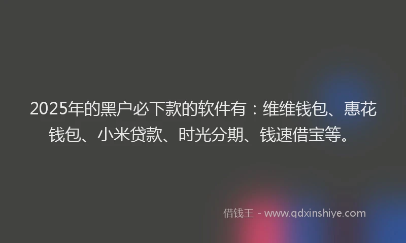 2025年的黑户必下款的软件有：维维钱包、惠花钱包、小米贷款、时光分期、钱速借宝等。