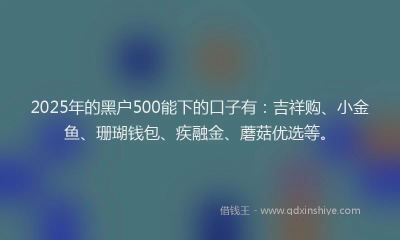 2025年的黑户500能下的口子有：吉祥购、小金鱼、珊瑚钱包、疾融金、蘑菇优选等。
