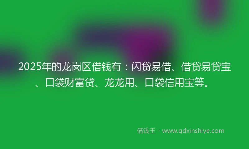 2025年的龙岗区借钱有：闪贷易借、借贷易贷宝、口袋财富贷、龙龙用、口袋信用宝等。