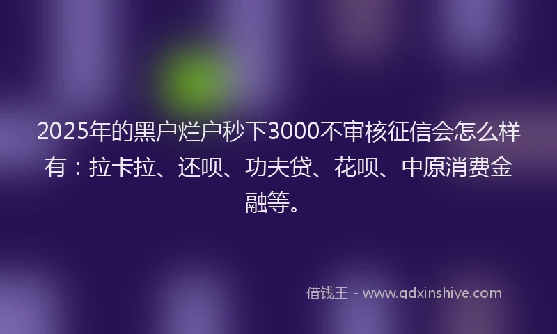2025年的黑户烂户秒下3000不审核征信会怎么样有：拉卡拉、还呗、功夫贷、花呗、中原消费金融等。