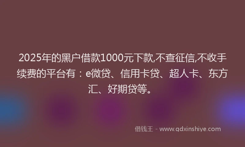 2025年的黑户借款1000元下款,不查征信,不收手续费的平台有：e微贷、信用卡贷、超人卡、东方汇、好期贷等。