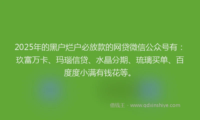 2025年的黑户烂户必放款的网贷微信公众号有：玖富万卡、玛瑙信贷、水晶分期、琉璃买单、百度度小满有钱花等。