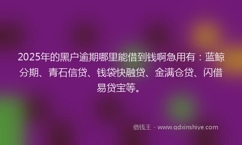 2025年的黑户逾期哪里能借到钱啊急用有：蓝鲸分期、青石信贷、钱袋快融贷、金满仓贷、闪借易贷宝等。