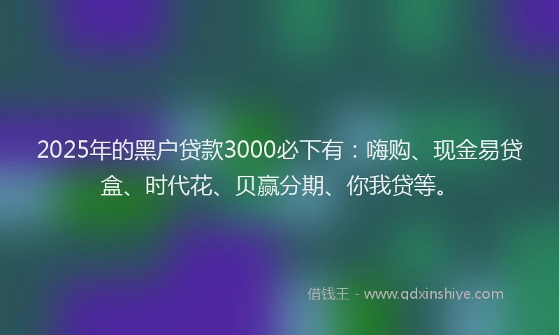 2025年的黑户贷款3000必下有：嗨购、现金易贷盒、时代花、贝赢分期、你我贷等。