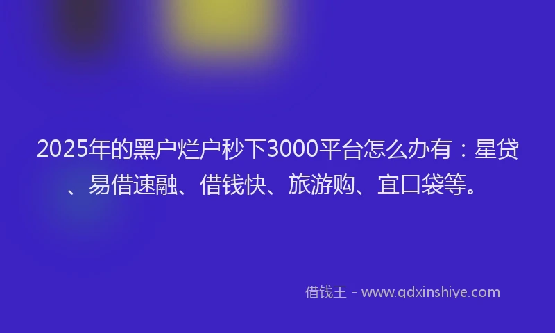 2025年的黑户烂户秒下3000平台怎么办有：星贷、易借速融、借钱快、旅游购、宜口袋等。