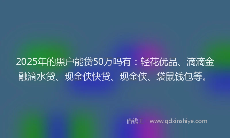 2025年的黑户能贷50万吗有：轻花优品、滴滴金融滴水贷、现金侠快贷、现金侠、袋鼠钱包等。