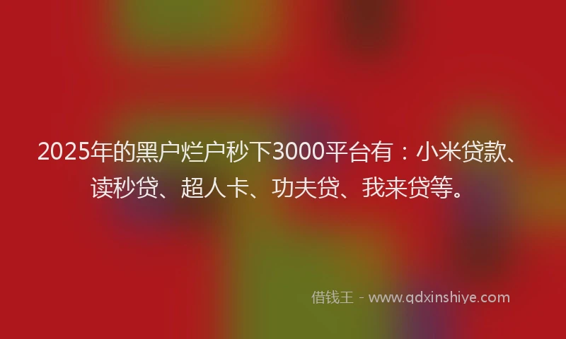 2025年的黑户烂户秒下3000平台有：小米贷款、读秒贷、超人卡、功夫贷、我来贷等。