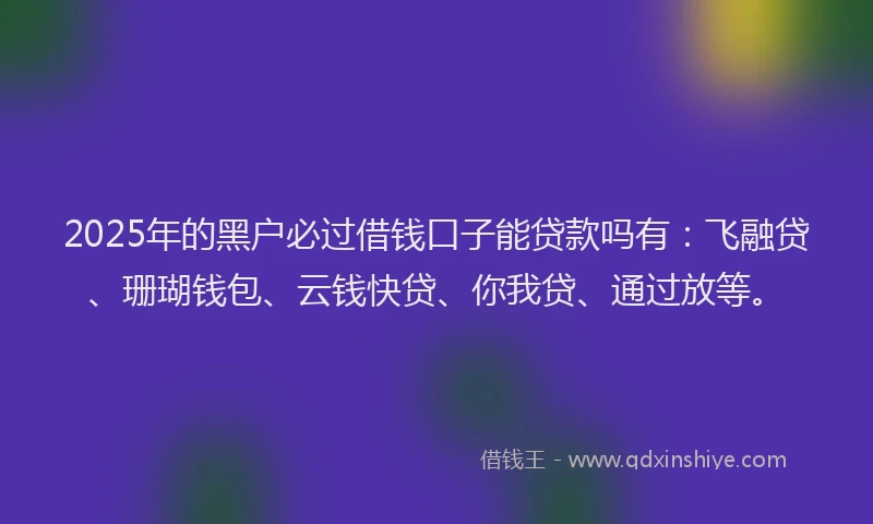 2025年的黑户必过借钱口子能贷款吗有：飞融贷、珊瑚钱包、云钱快贷、你我贷、通过放等。