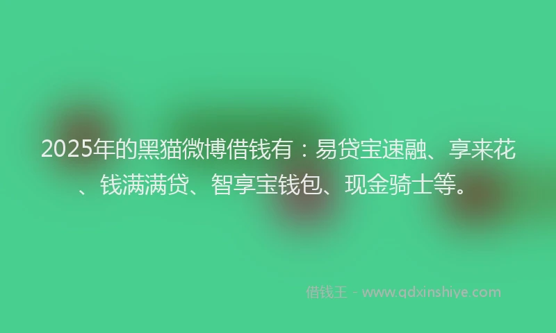 2025年的黑猫微博借钱有：易贷宝速融、享来花、钱满满贷、智享宝钱包、现金骑士等。