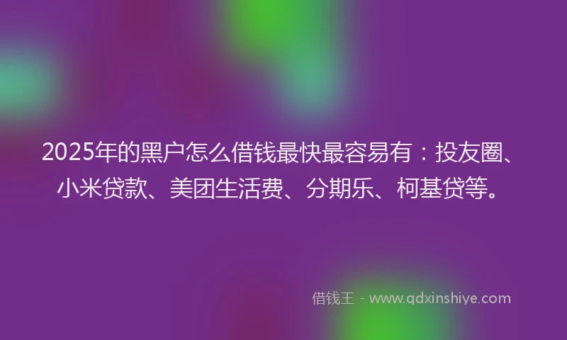 2025年的黑户怎么借钱最快最容易有：投友圈、小米贷款、美团生活费、分期乐、柯基贷等。