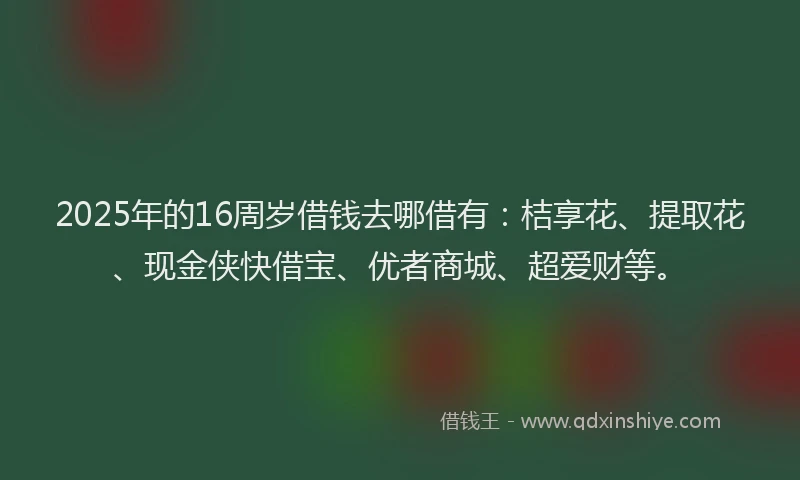 2025年的16周岁借钱去哪借有：桔享花、提取花、现金侠快借宝、优者商城、超爱财等。