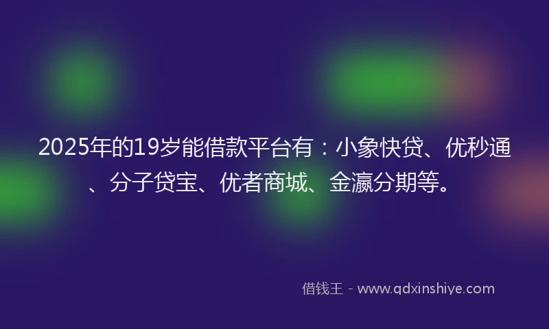 2025年的19岁能借款平台有：小象快贷、优秒通、分子贷宝、优者商城、金瀛分期等。
