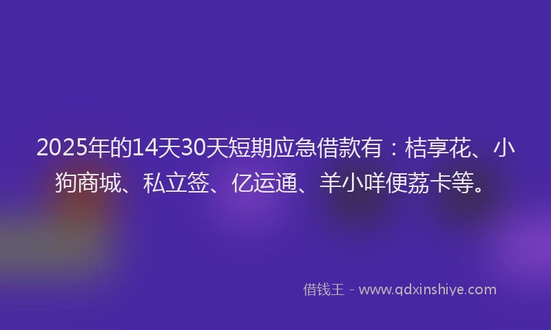 2025年的14天30天短期应急借款有：桔享花、小狗商城、私立签、亿运通、羊小咩便荔卡等。
