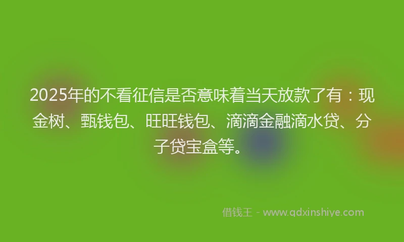 2025年的不看征信是否意味着当天放款了有：现金树、甄钱包、旺旺钱包、滴滴金融滴水贷、分子贷宝盒等。