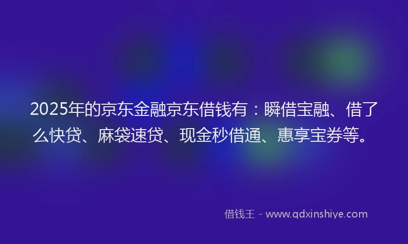 2025年的京东金融京东借钱有：瞬借宝融、借了么快贷、麻袋速贷、现金秒借通、惠享宝券等。