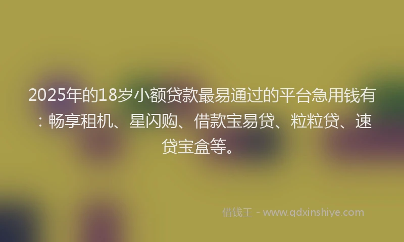 2025年的18岁小额贷款最易通过的平台急用钱有：畅享租机、星闪购、借款宝易贷、粒粒贷、速贷宝盒等。