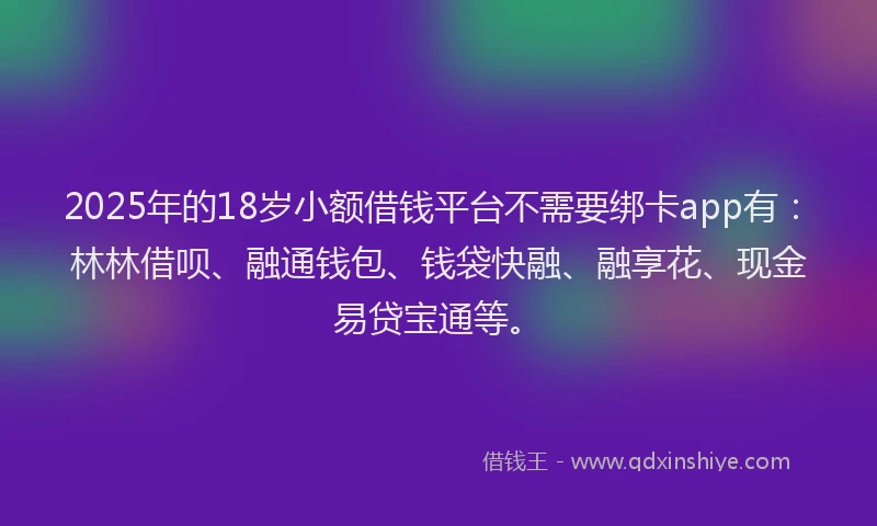 2025年的18岁小额借钱平台不需要绑卡app有：林林借呗、融通钱包、钱袋快融、融享花、现金易贷宝通等。