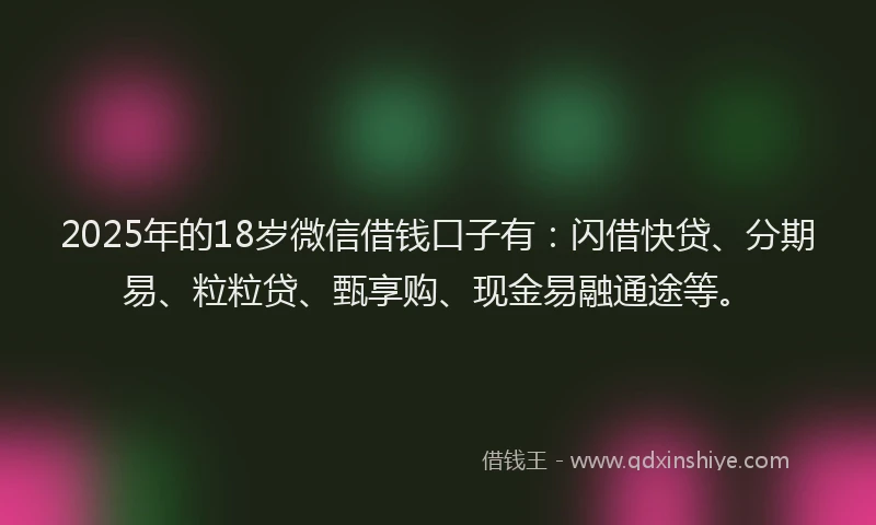 2025年的18岁微信借钱口子有：闪借快贷、分期易、粒粒贷、甄享购、现金易融通途等。